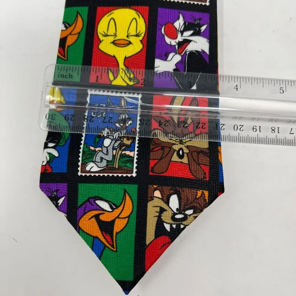 Vintage Looney Tunes Necktie Men Black Shirt Tie Geometric Stamp Pattern Cartoon